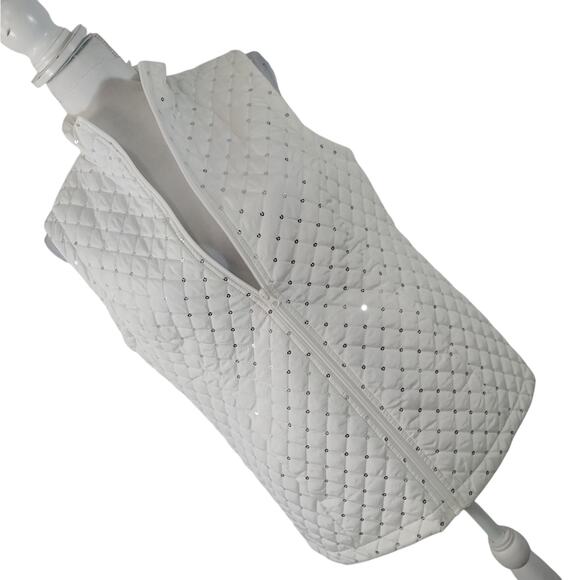 NWOT! KIM ROGERS! PUREST WHITE NYLON, QUILTED THERMAL SILVER SEQUIN VEST! SZ M - Picture 1 of 10